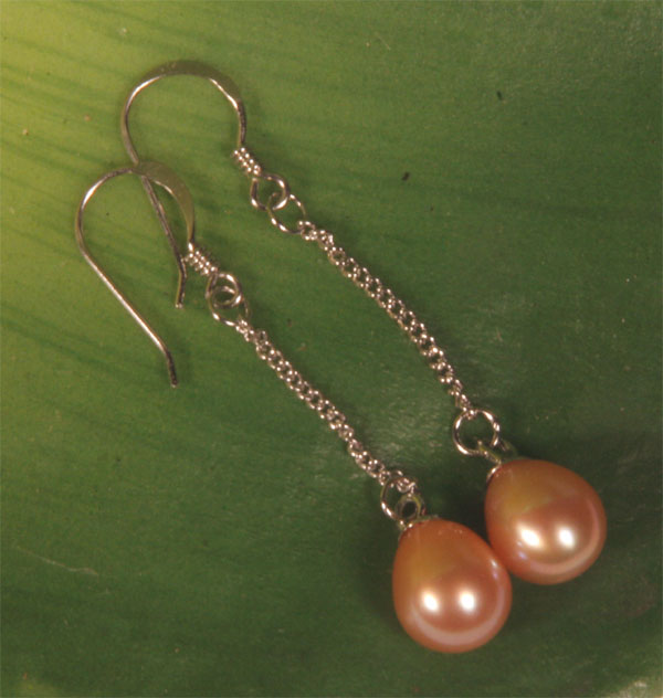Perlen-Ohrringe Lachsfarben 6-7mm an Silber Kette 925SS O107