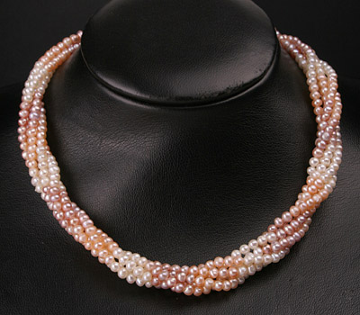 Süßwasser Zucht-Perlenkette fürnfreihig gedreht Perlen rund -rose,lachs,weiss-